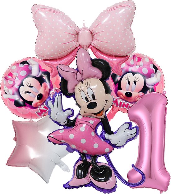 Minnie Mouse Verjaardag Versiering - 6 delig - Leeftijd: 1 jaar - Minnie Mouse Ballonnen - Minnie Mouse Kinderfeestje - Minnie Mouse Feestpakket - Folieballon / Leeftijdballon - Feestversiering - Kinderverjaardag Meisje / Jongen - Hoera 1 jaar