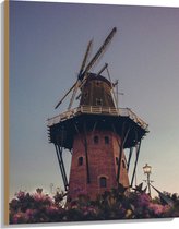 Hout - Windmolen met Roze Bloemen - 75x100 cm - 9 mm dik - Foto op Hout (Met Ophangsysteem)