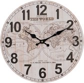 HAES DECO - Horloge Murale 34 cm Vintage Wit Cassé avec Wereldkaart - Cadran avec Chiffres - Klok Ronde en MDF - Wereldkaart - Horloge Murale Horloge à Suspendre Horloge de Cuisine