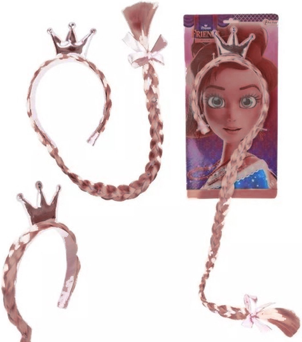 Haarband met bruine vlecht, kroontje en strikje - roze prinses diadeem - Kerstcadeau Sinterklaas schoencadeautje - kerst cadeau tip