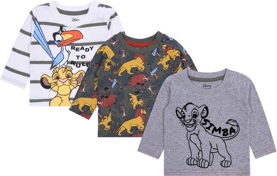 3x shirts met lange mouwen voor jongens in grijs, beige en kaki kleuren - The Lion King DISNEY / 80