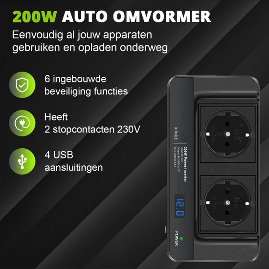 EcoLine - Auto-Wechselrichter 12V auf 220V/230V - 200W Steckdosenleiste/Steckdose für das Auto mit 2x USB | Power Solutions