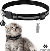 Lunspets Kattenhalsband met veiligheidssluiting - Halsband kat met veiligheidssluiting - Kattenbandje met belletje - Inclusief Adreskoker kat - Reflecterend - Zwart - voor grote & kleine katten