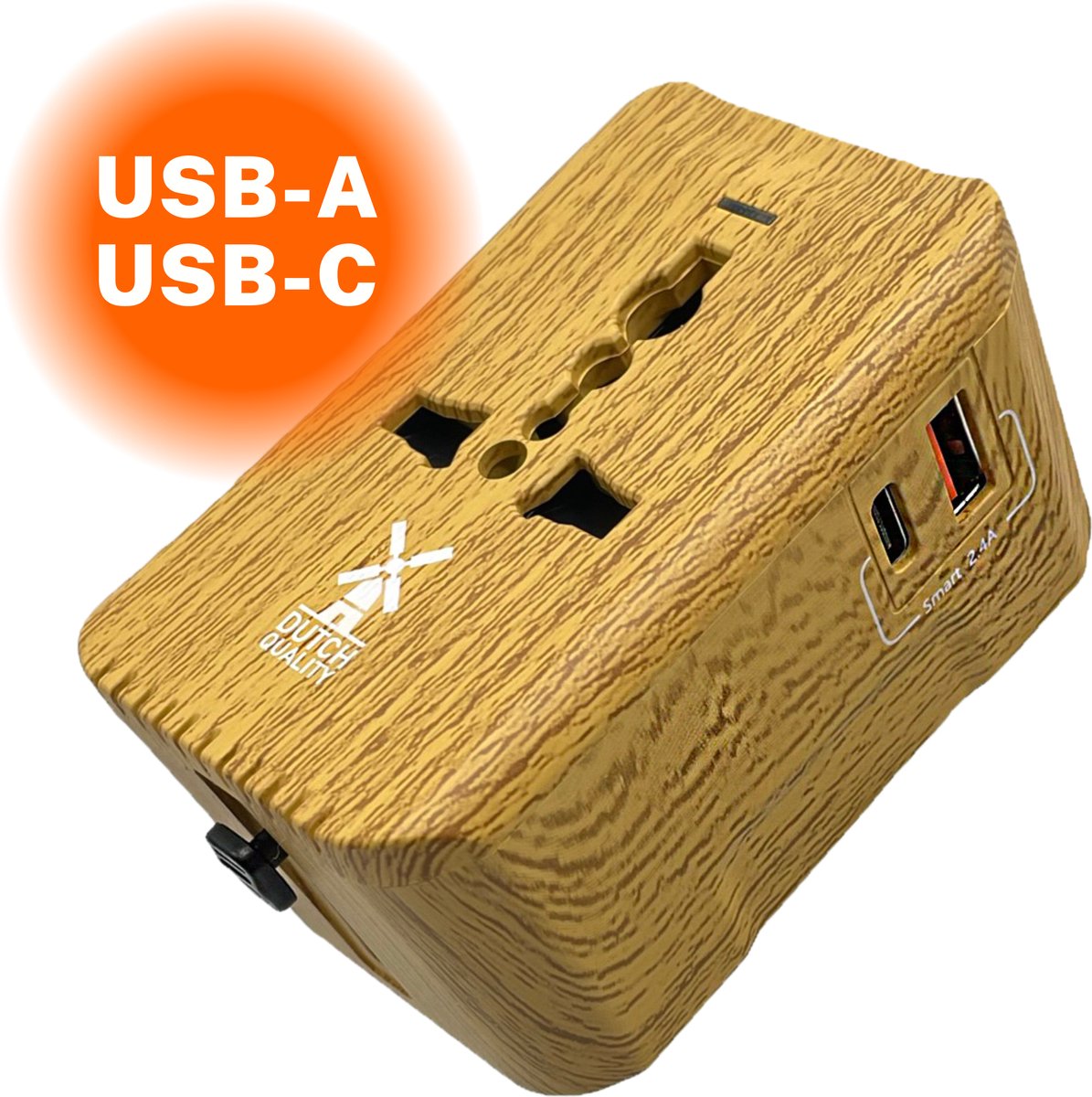 Dutch Quality® Universele Wereldstekker Hout Look - Reisstekker geschikt voor 170+ Landen - Met USB-C & USB-A Poorten - Internationale Reisadapter - Dutch Quality