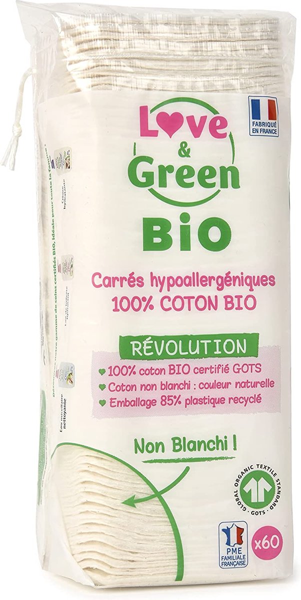 Bio Katoen - Vegan - Love & Green Square wattenschijfjes, ongebleekt, 1 verpakking van 60 stuks