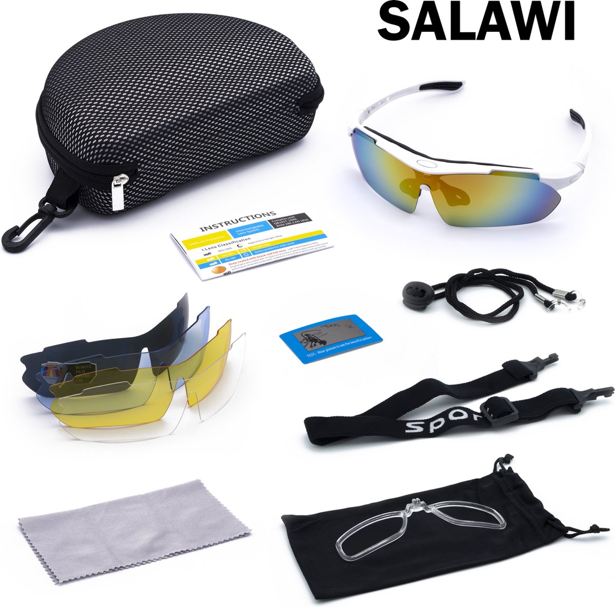Salawi Wit - fietsbrillen heren – fietsbril dames – transparant - meerkleurig - 4 verwisselbare lenzen - Salawi