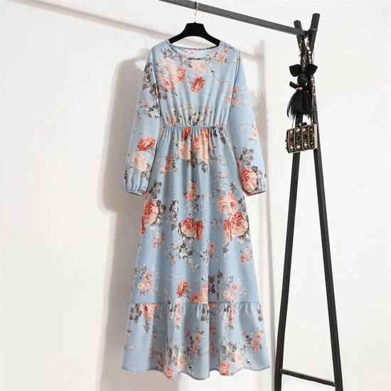 Beeldige licht blauwe jurk met bloemenprint - maat L