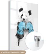 MuchoWow® Glasschilderij 30x40 cm - Schilderij glas - Panda - Bokshandschoen - Blauw - Foto op acrylglas - Schilderijen
