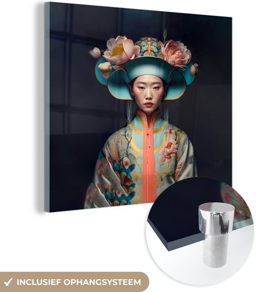Glasschilderij vrouw - Kleding - Bloemen - Aziatisch - Kimono - Schilderij glas - Glasplaat - Woonkamer decoratie - Slaapkamer - 90x90 cm - Glasschilderijen - Foto op glas