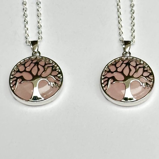 Wellness-House | Ketting Tree of Life Rozenkwarts | Verzilverde Ketting | Ketting Met Tree Of Life Hanger | Ketting Met Edelsteen | Rozenkwarts | Amulet Ketting | Levensboom | Kettinglengte 62 CM | Bescherming | Liefde | Zen Sieraad | Cadeau | Zen