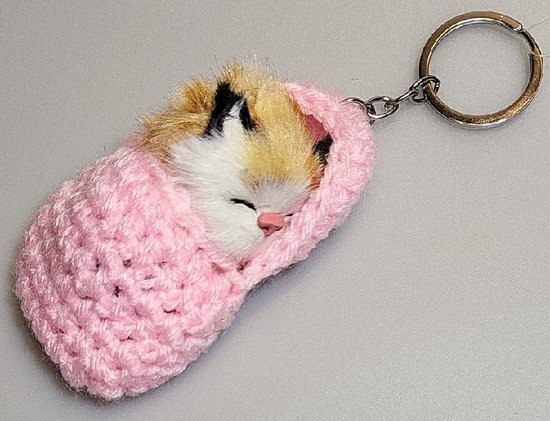 Un chat mignon et doux qui dort dans une pantoufle. Un joli porte-clés à attacher à votre trousseau de clés, par exemple. Pour soi ou en cadeau.