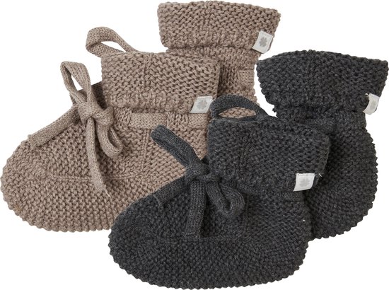 Noppies - Chaussons tricotés - emballés dans une boîte cadeau - 2 paires - Bébé 0-12 mois - Coton bio - Taupe Melange - Gris foncé mélange
