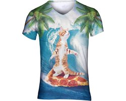 Kat surfend op een pizza - Pizza kat surfer Festival shirt - Maat: L - V-hals - Feestkleding - Festival Outfit - Fout Feest - T-shirt voor festivals - Rave party kleding - Rave outfit - Kattenshirt - Nineties