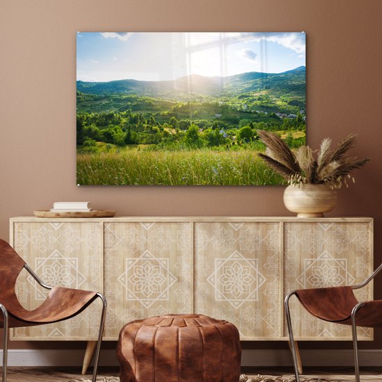 Peinture sur verre - Photo sur verre - Paysage - Herbe - Nature - Arbres - Peinture sur verre - Décoration d'intérieur - Verre acrylique - Peinture sur verre nature - 120x80 cm - Décoration murale