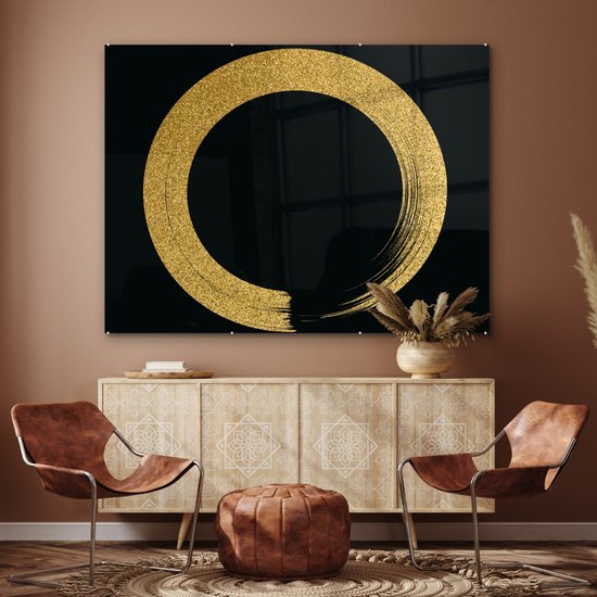 MuchoWow® Peinture sur verre 160x120 cm - Peinture sur verre - Cercle de paillettes dorées sur fond noir - Photo sur verre acrylique - Peintures