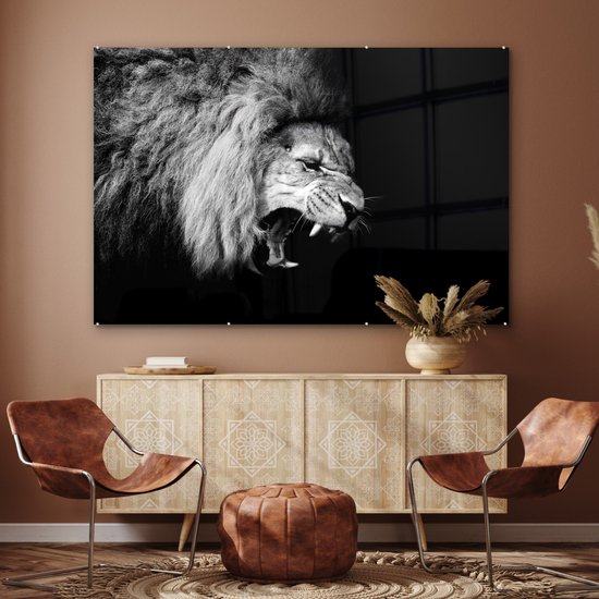 Peinture sur verre - Photo sur verre - Verre acrylique - Animaux - Lion - Zwart - Wit - 180x120 cm - Décoration de chambre - Peinture sur verre animaux - Décoration murale verre - Peinture sur verre lion