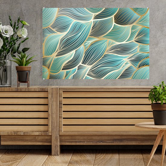 MuchoWow® Glasschilderij 60x40 cm - Schilderij acrylglas - Patronen - Goud - Abstract - Golf - Foto op glas - Schilderijen