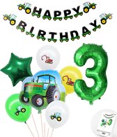 Cijfer ballon 3 jaar Trekker - Tractor Plus Pakket Inclusief Happy Birthday Slinger - Boer - Boerderij - Themafeest Ballonnenpakket - Groen - Helium Ballon - Snoes
