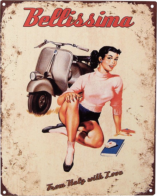 Clayre & Eef Tekstbord 20x25 cm Beige Ijzer Vrouw met scooter Bellissima From Italy with love Wandbord
