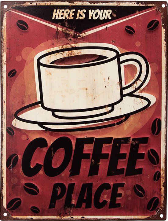 Clayre & Eef Tekstbord 25x33 cm Rood Ijzer Kop koffie Here is your Coffee place Wandbord