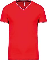 Rood met blauw-wit t-shirt met streepje bij kraag en mouw V-hals merk Kariban maat M