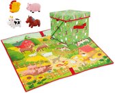 Tapis de jeu et Opbergbox en 1 - DeQUBE - Tapis de jeu de ferme et boîte de rangement avec couvercle - Y compris 4 Figurines à jouer - 85 x 85 cm