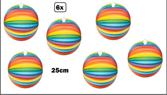 6x Lampion Regenboog 25cm - festival thema feest verjaardag party papier BBQ strand licht fun