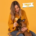 Vrouw met gele trui voedt puppy een lichtgroen pootvormig ijsje. "SMALL SIZE" is aangegeven.