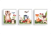 Postercity - Poster set 3 blije bosdieren beer konijn eekhoorn vosje en hertje Aquarel/waterkleur - Bos Dieren Poster - Kinderkamer / Babykamer - 50x40cm