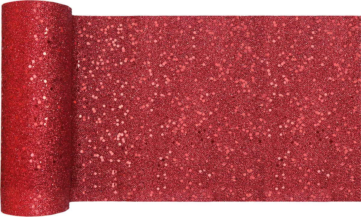 Santex Kerstdiner glitter tafelloper smal op rol - 2x - rood - 18 x 500 cm - polyester
