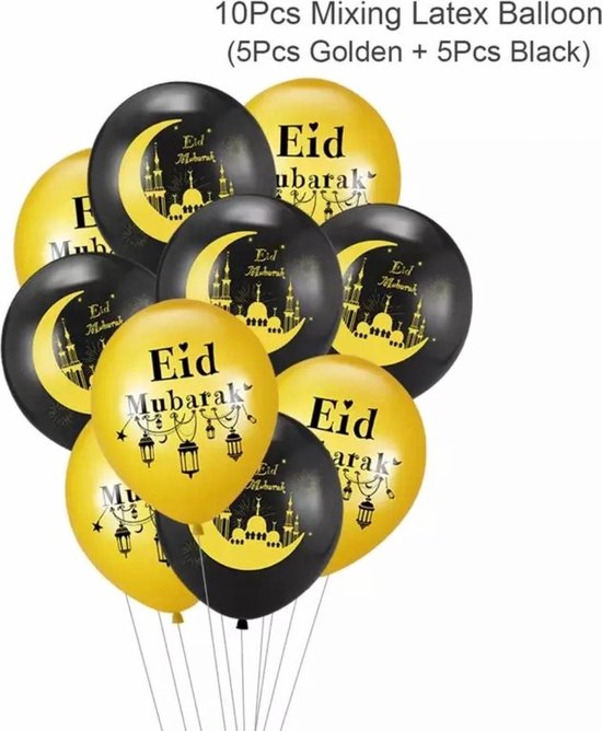 Akyol - Eid mubarak Ballonnen 10 Stuks - latex ballon -Eid ballon -ballon goud -folie ballon zwart | Folie Ballonnen set voor eid mubarak | Helium Ballon | Party Feest Ballonnen | Versiering