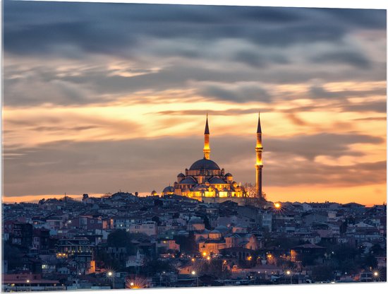 WallClassics - Acrylglas - Süleymaniye-Moskee op Begin van de Avond in Istanbul, Turkije - 100x75 cm Foto op Acrylglas (Wanddecoratie op Acrylaat)