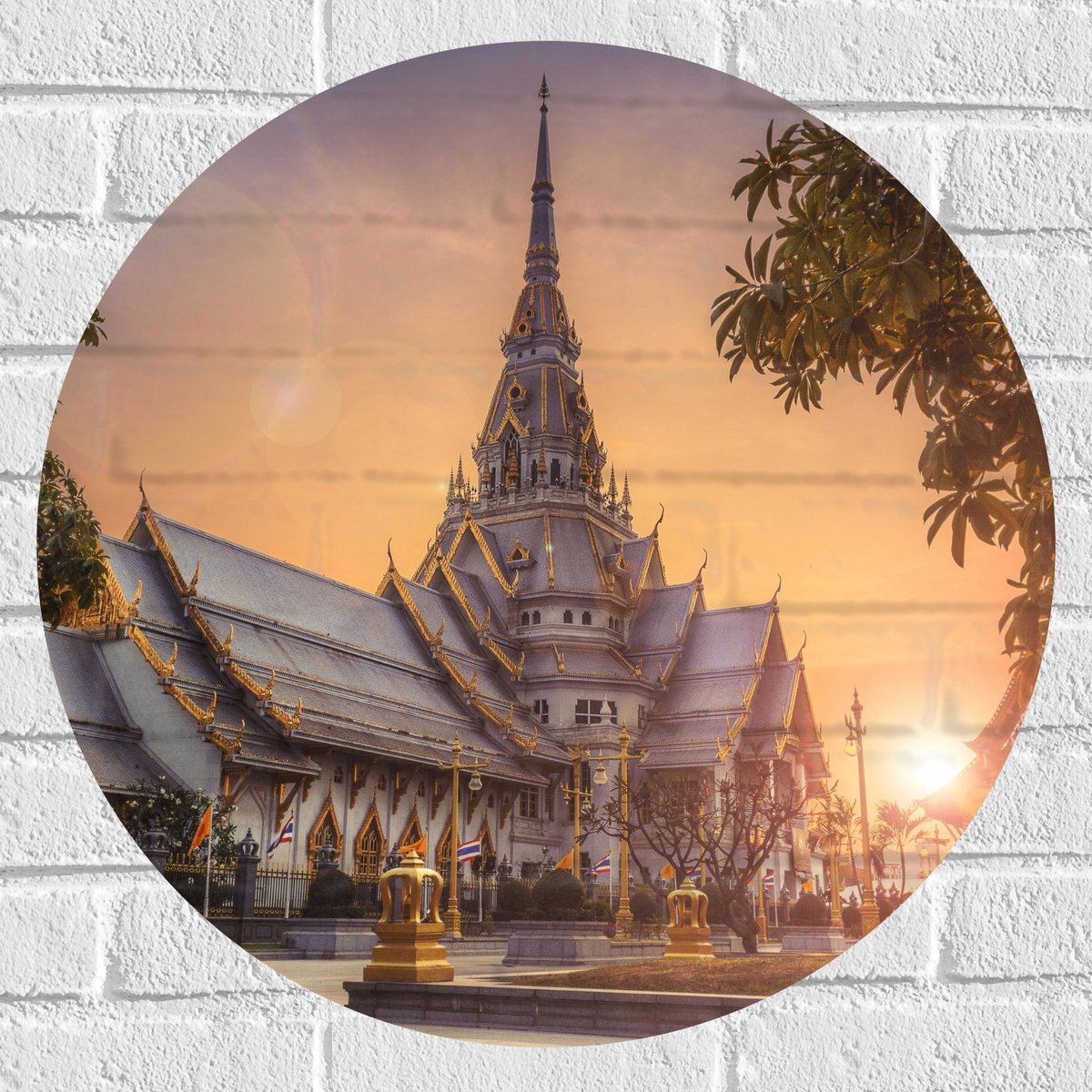Muursticker Cirkel - Mooi Kasteel met Zonsondergang in Thailand - 60x60 cm Foto op Muursti