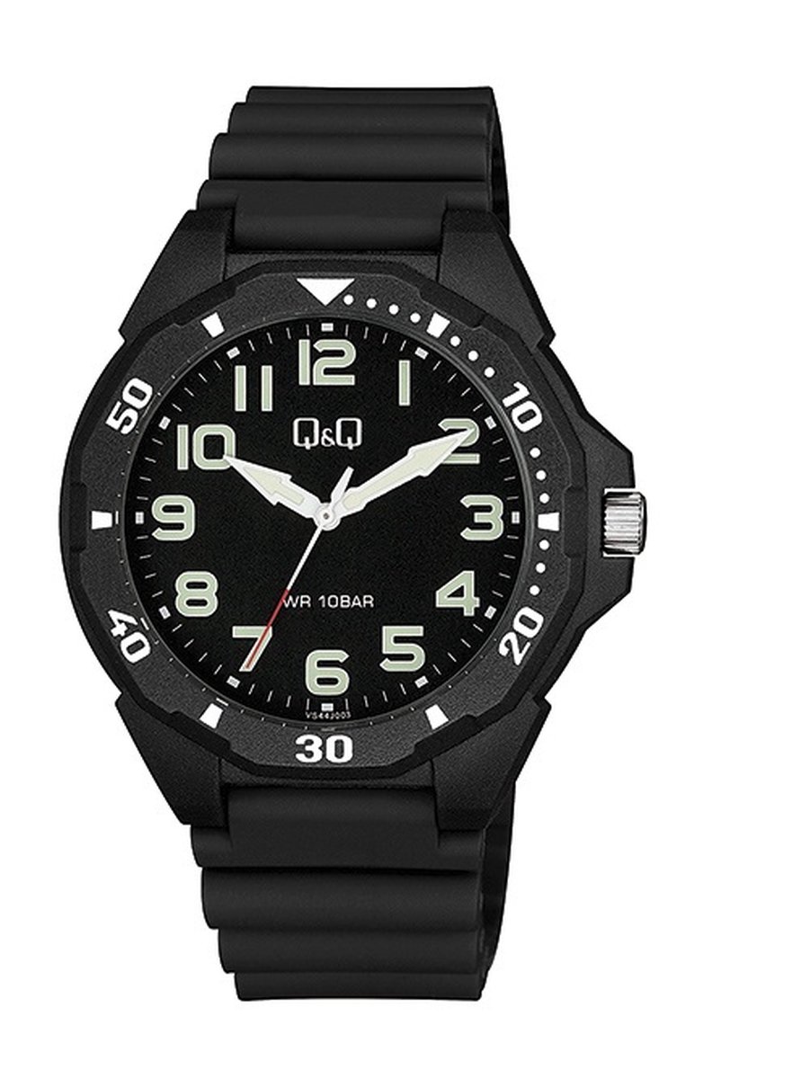 QQ VS44J003Y - Horloge - Sport - Analoog - Mannen - Heren - Plastic band - Rond - Cijfers - Metaal - Zwart - Wit - Crème - 10 ATM