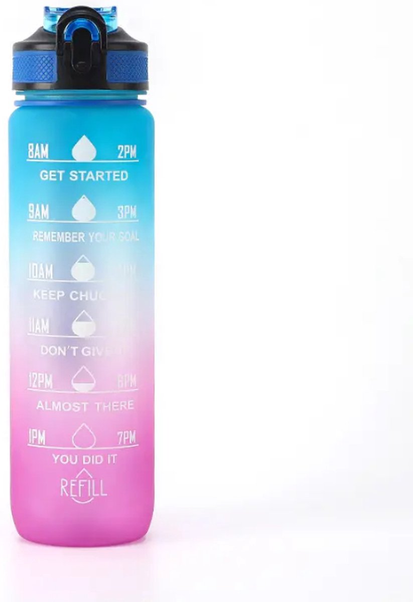 Piro - Motivatie Drinkfles Met Rietje - Waterfles 1 Liter - Incl. Tijd Markeringen - Blauw Roze