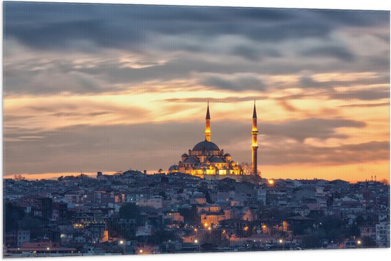 WallClassics - Vlag - Süleymaniye-Moskee op Begin van de Avond in Istanbul, Turkije - 105x70 cm Foto op Polyester Vlag