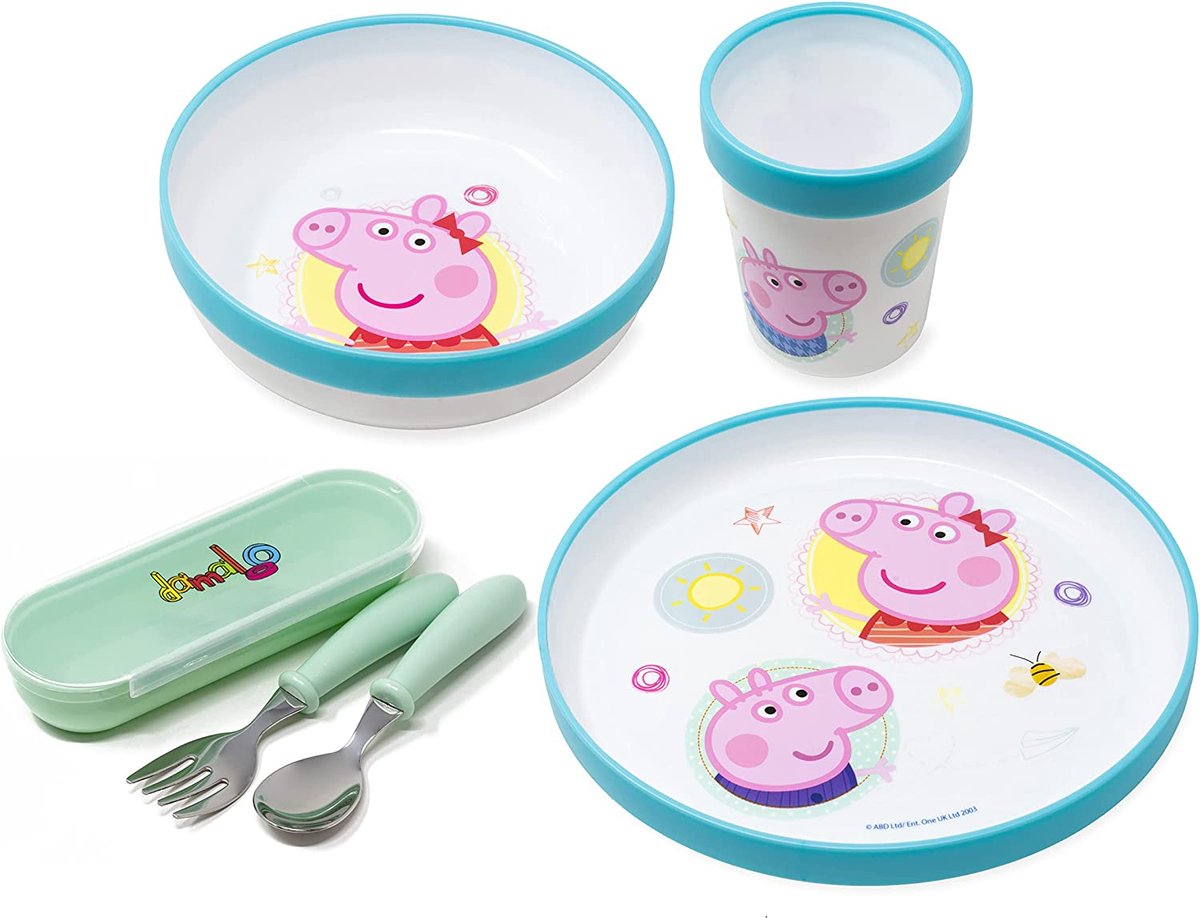 Peppa Pig kinderservies antislip met kinderbestek BPA-vrij - 5-delig Peppa Pig servies met bord, kom, mok - herbruikbaar servies en bestek voor kinderen, baby