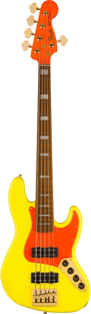 Fender MonoNeon Jazz Bass V Neon Yellow MN signature 5-snarige elektrische basgitaar met deluxe gigbag