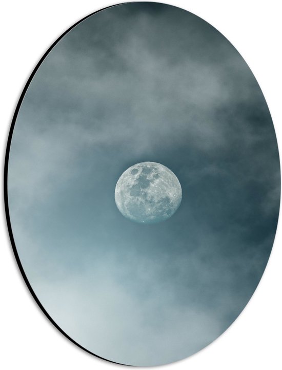 Dibond Ovaal - Maan tussen Sluierbewolking in de Lucht - 21x28 cm Foto op Ovaal (Met Ophangsysteem)