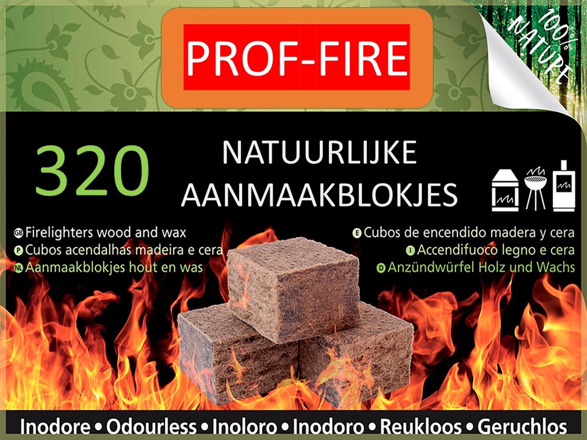 Prof-Fire - Aanmaakblokjes Voordeeldoos 320 Bruin - Geurloos - Milieuvriendelijk - CO2 neutraal - Proffessionele Kwaliteit - Fire Up Kwaliteit