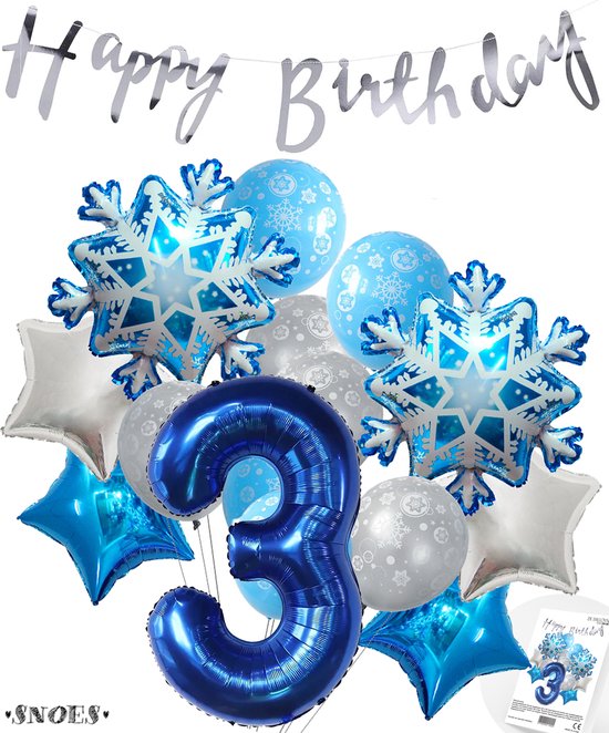 Cijferballon 3 Blauw - Frozen - Ijssterren - Ballonnen Megapakket - Slinger Feestvieren - Verjaardag Snoes