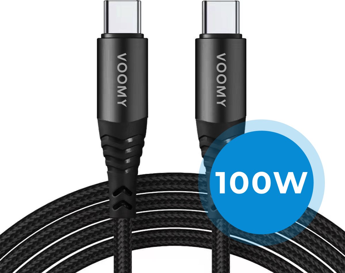 Voomy 100W USB C naar USB C Kabel - Gevlochten Nylon Oplaadkabel - Voor Macbook, Ipad, Samsung Galaxy/Note - 2 meter