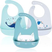 Babyslabbetje Silicone Waterproof - Set van 3 waterdichte siliconen babyslabbetjes met 6 verstelbare knopen, unisex voor spenen, BPA-vrij, gemakkelijk schoon te maken, vaatwasmachinebestendig, felle kleur