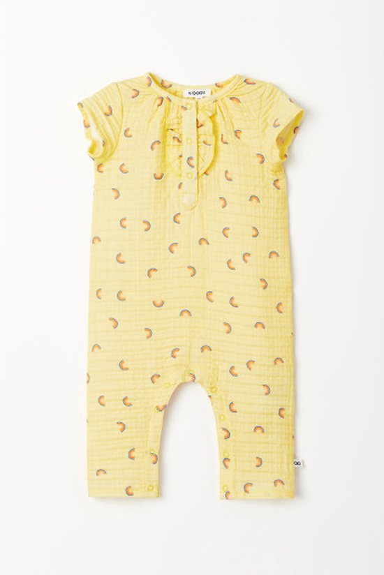 Woody romper baby unisex in tetra katoen - geel met regenbogen all-over print - 231-3-RBW-W/940 - maat 86