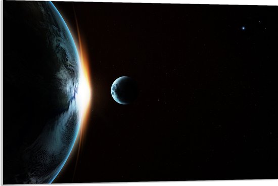 PVC Schuimplaat - Maan langs de Aarde in het Heelal - 90x60 cm Foto op PVC Schuimplaat (Met Ophangsysteem)