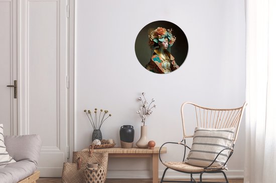WallCircle - Wandcirkel - Muurcirkel - Vrouw - Bloemen - Oranje - Portret - Asian - Aluminium - Dibond - ⌀ 30 cm - Binnen en Buiten
