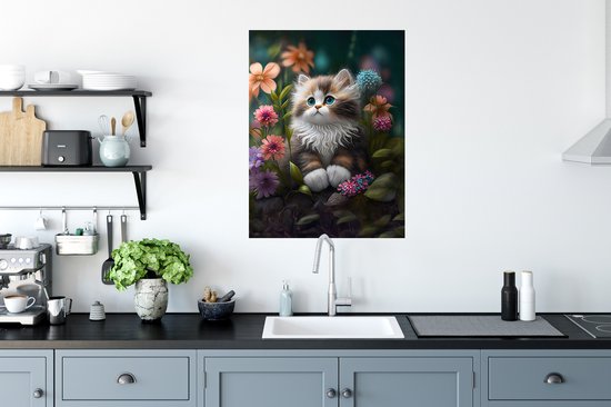 Stickers muraux - Film autocollant - Chaton - Illustration - Fleurs - Nature - Chat - 60x80 cm - Film adhésif - Stickers muraux Chambre d'enfant - Papier peint autocollant
