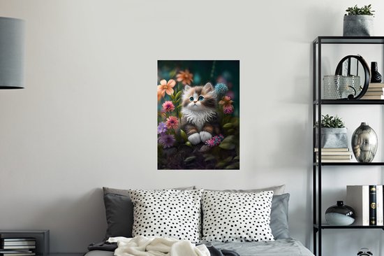 Stickers muraux - Film autocollant - Chaton - Illustration - Fleurs - Nature - Chat - 60x80 cm - Film adhésif - Stickers muraux Chambre d'enfant - Papier peint autocollant