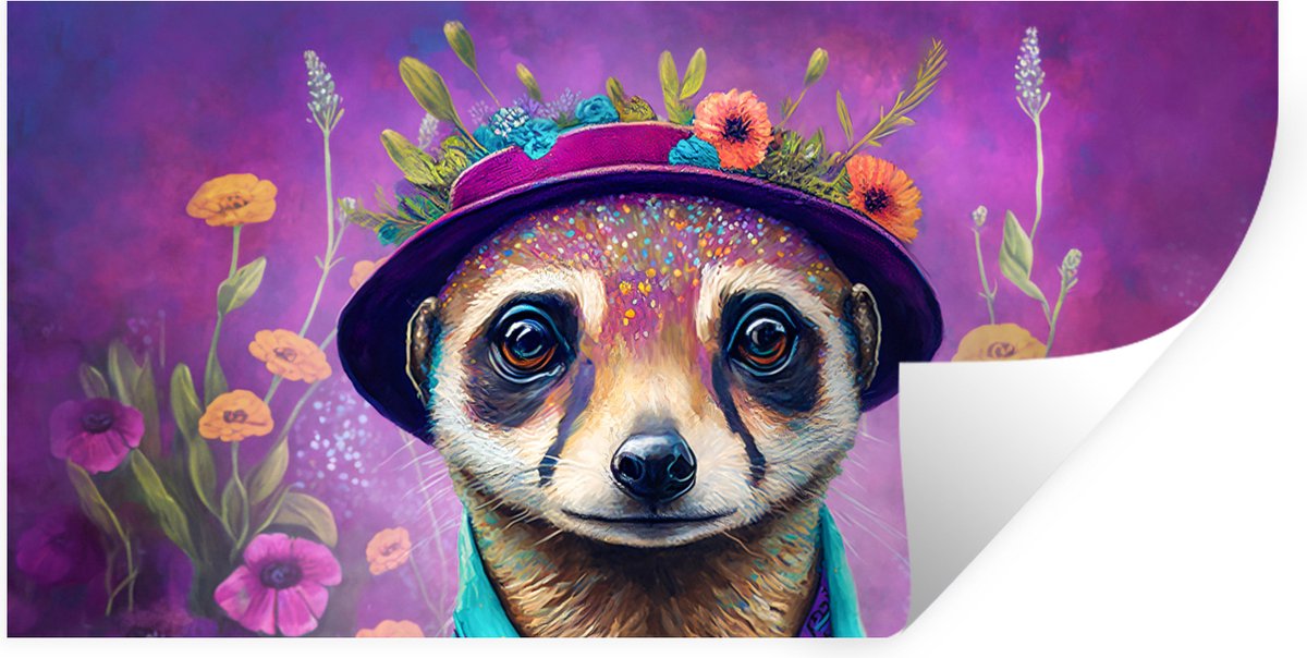 Muurstickers - Sticker Folie - Meerkat - Bloemen - Verf - Paars - Portret - Stokstaartje -