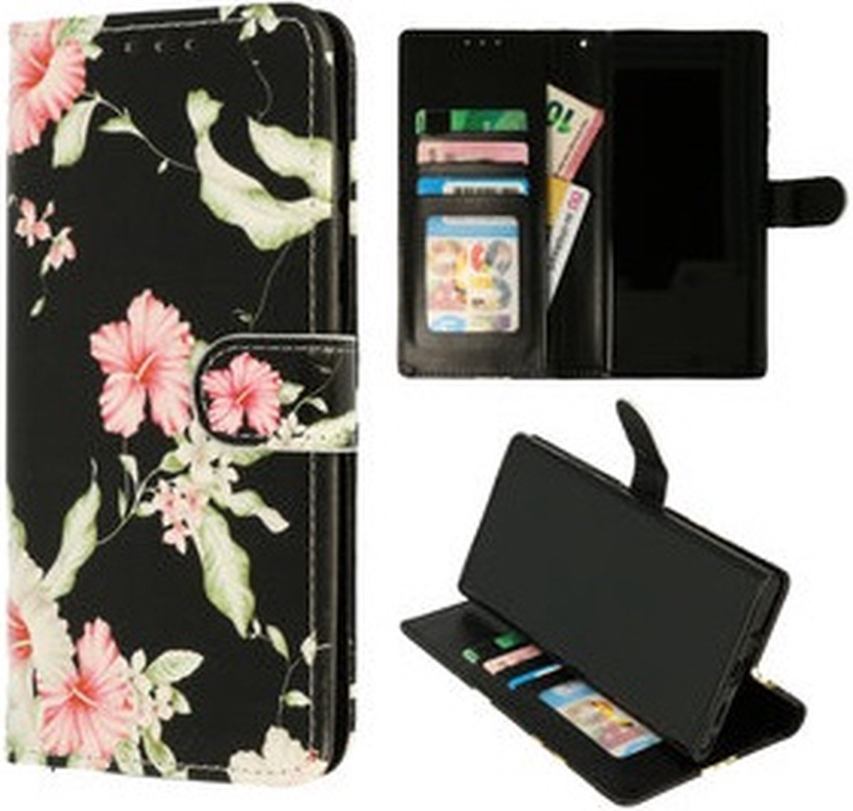 Cityhoesje-bookcase geschikt voor Samsung Note 20 Ultra Pasjeshouder Bloemen Zwart